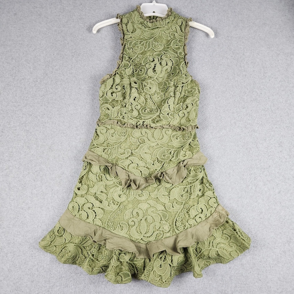 Saints Secrets Tank Dress Womens Small Olive Green Round Neck Lace Ruffle Hem